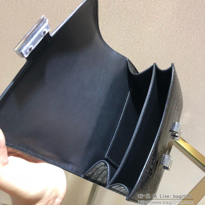 HERMES愛馬仕 康康18cm alligator crocodile 美洲鱷 頂級工藝 蠟線手縫 黑色 銀扣  Ama1516